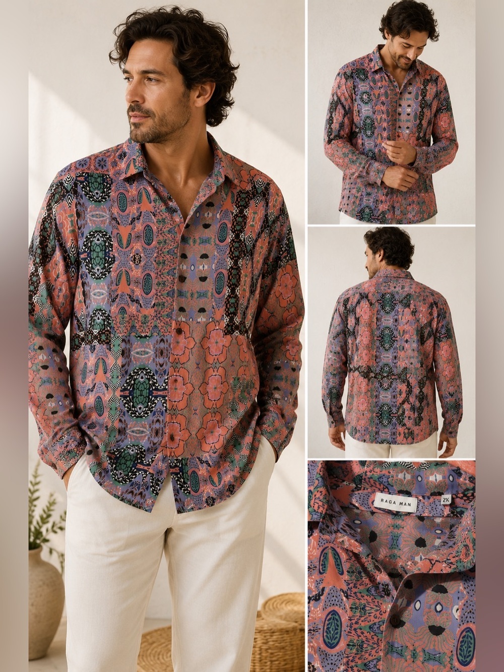 Raga Man Men’s 2XL Abstract Patchwork Button-Up Shirt NWT Boho Retro